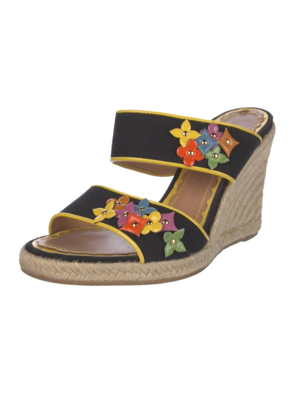 Louis Vuitton Black Espadrille Wedge Slide with Multicolor Flower Studs